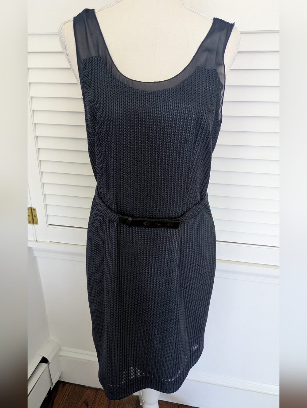 Rag And Bone Navy And Black Textured Belted Sleeveless Dress